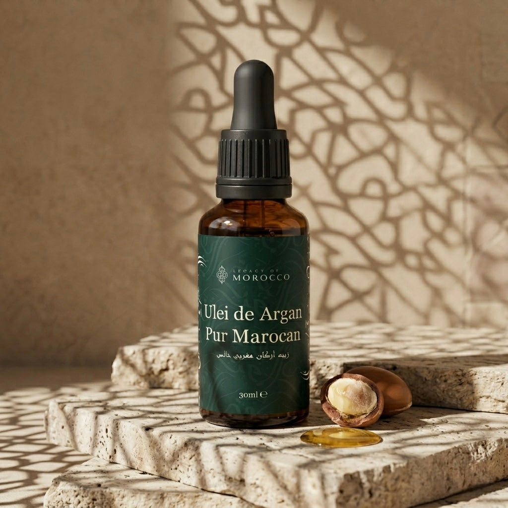Sticluță de ulei de argan pur marocan, 30ml, Pure Argan Elixir de la Legacy of Morocco, așezată pe pietre naturale, alături de nuci de argan întregi și o secțiune transversala, cu o textură caldă și premium.